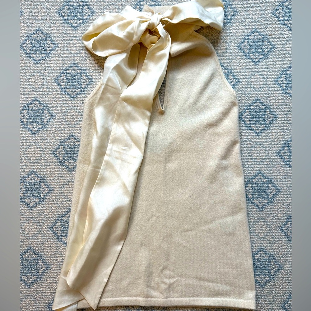 Ralph Lauren Ivory Cashmere Knit & Silk Charmeuse Silk Bow Keyhole Halter Top